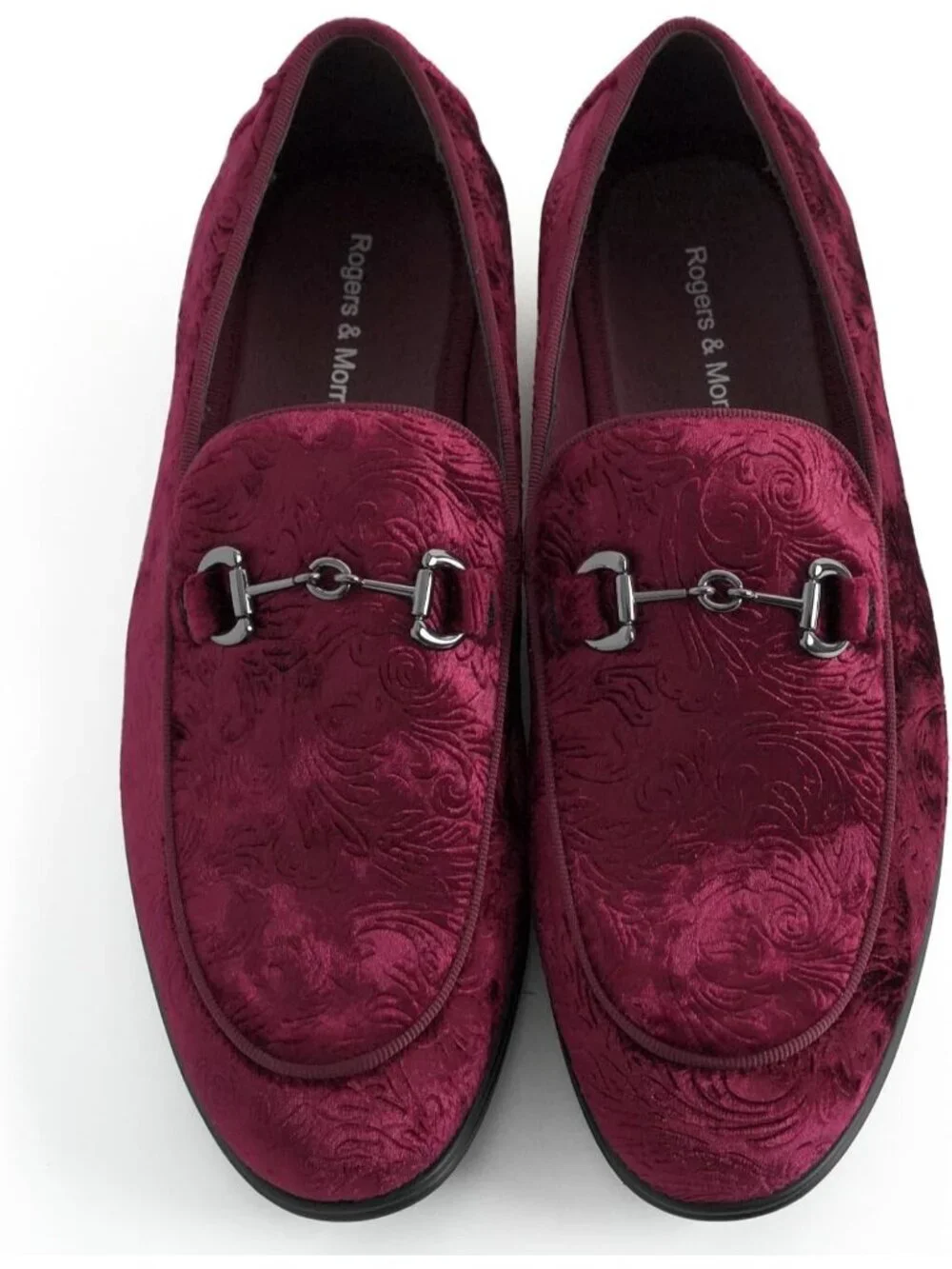 Rogers & Morris Men's Burgundy Velvet Loafers Metal Buckle Luxury Horsebit Shoes